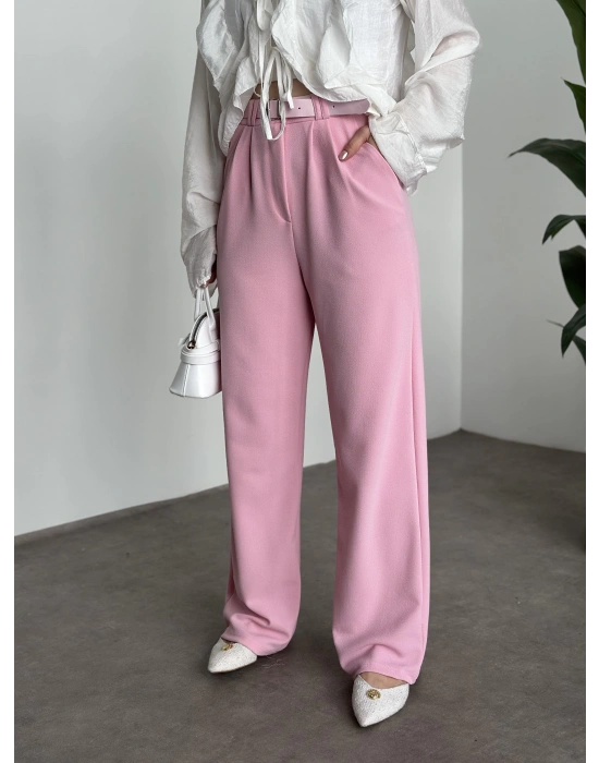 Likralı Kemerli Pantolon - Pembe