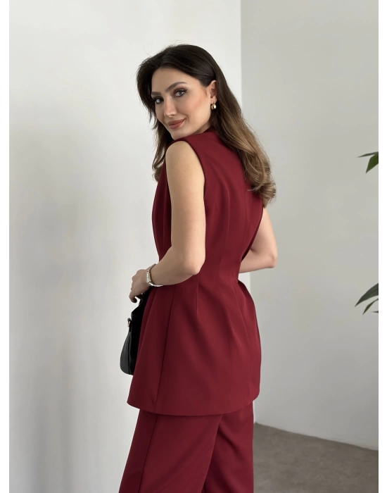 Gold Düğmeli Belden Oturtmalı Takım - Bordo