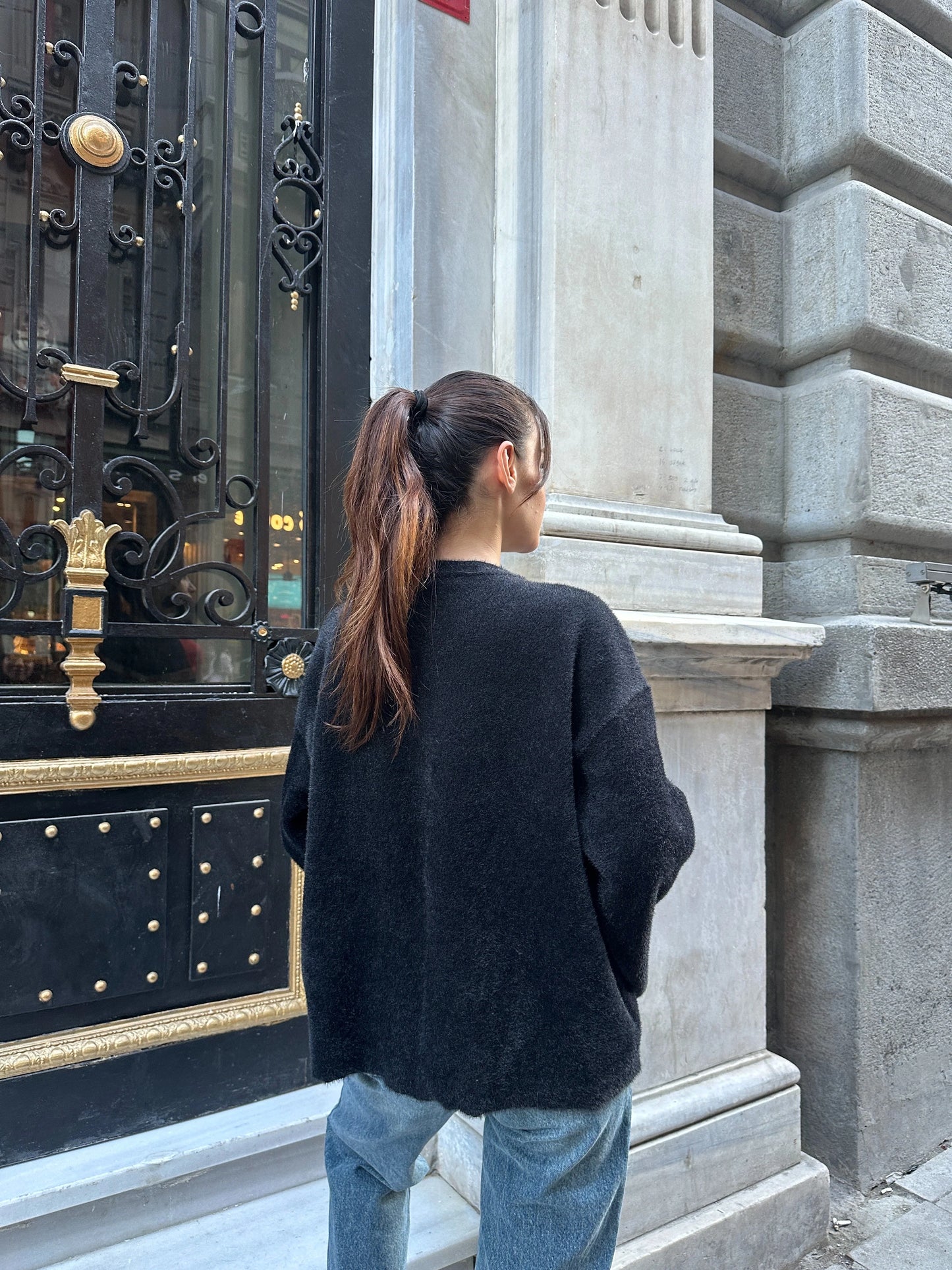 Oversize Bisiklet Yaka Yumuşak Dokulu Triko Kazak - Siyah