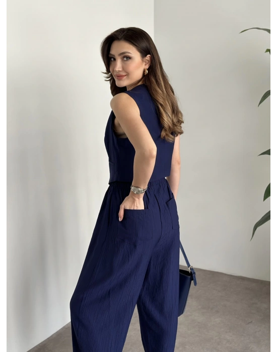 Şalvar Kesim Pantolon Yelekli Takım - Lacivert