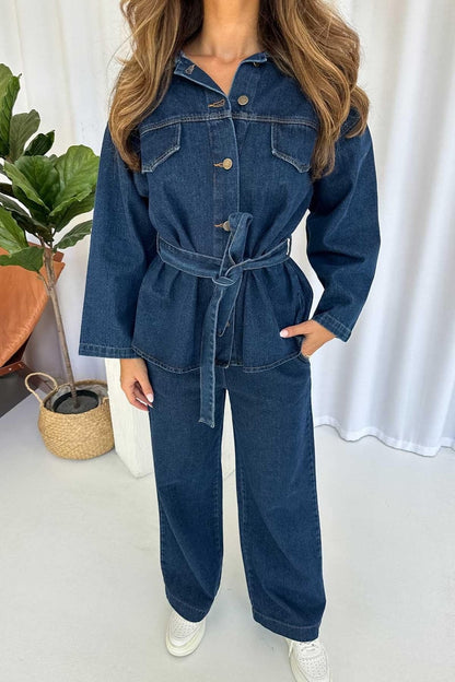 Ceket Yaka Beli Kuşaklı Kot Gömlek & Pantolon Takım - Lacivert