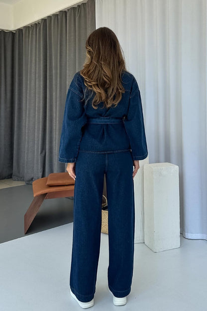Ceket Yaka Beli Kuşaklı Kot Gömlek & Pantolon Takım - Lacivert
