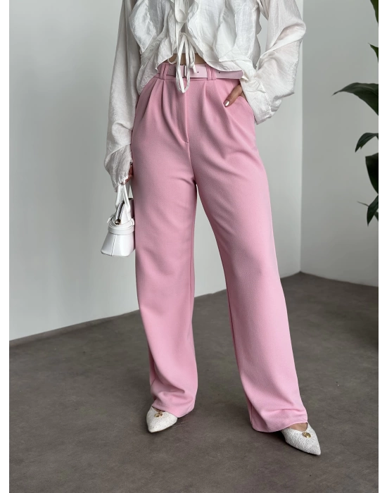 Likralı Kemerli Pantolon - Pembe
