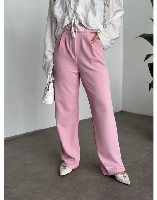 Likralı Kemerli Pantolon - Pembe