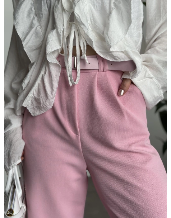 Likralı Kemerli Pantolon - Pembe