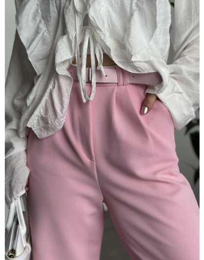 Likralı Kemerli Pantolon - Pembe