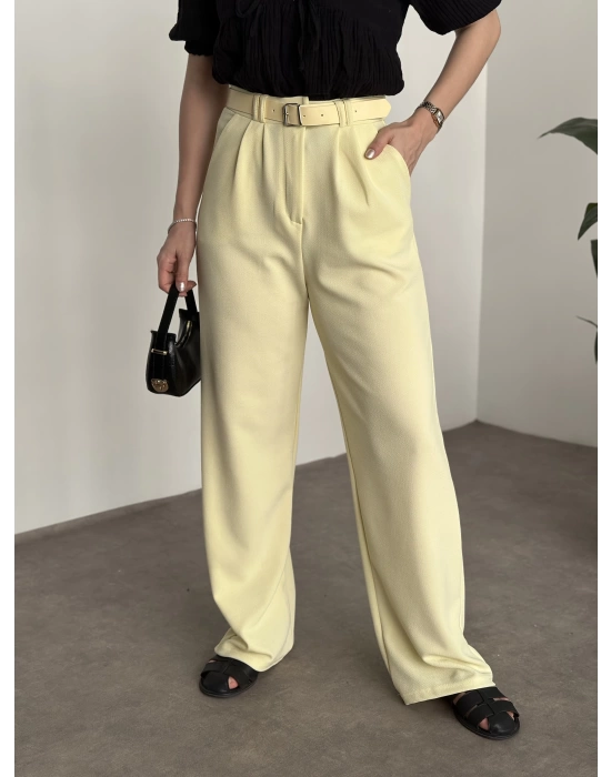 Likralı Kemerli Pantolon - Sarı