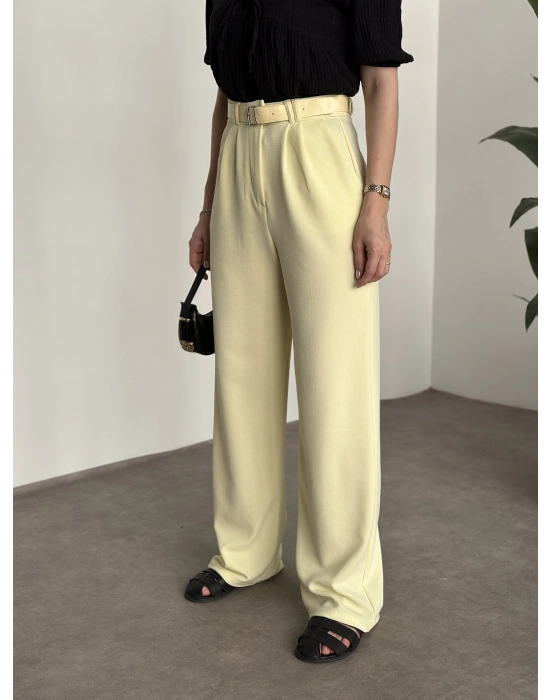 Likralı Kemerli Pantolon - Sarı