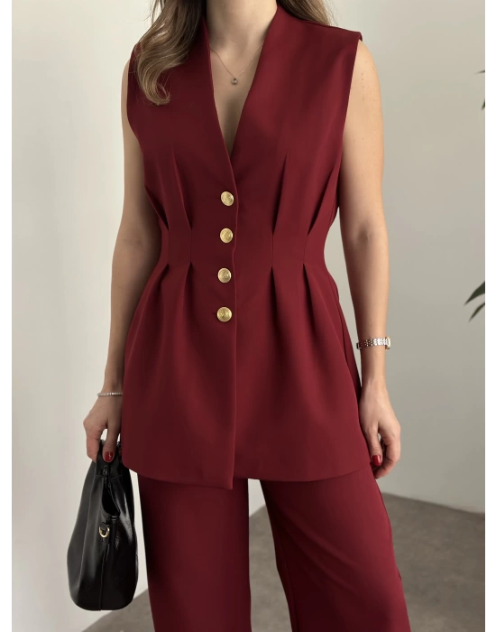 Gold Düğmeli Belden Oturtmalı Takım - Bordo