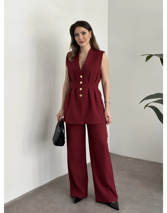 Gold Düğmeli Belden Oturtmalı Takım - Bordo