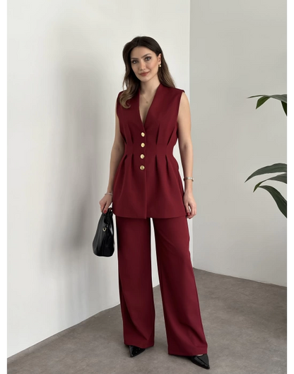 Gold Düğmeli Belden Oturtmalı Takım - Bordo