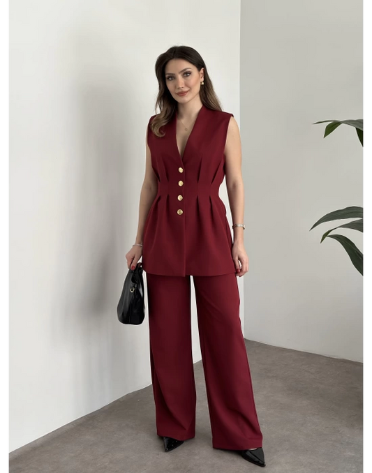 Gold Düğmeli Belden Oturtmalı Takım - Bordo