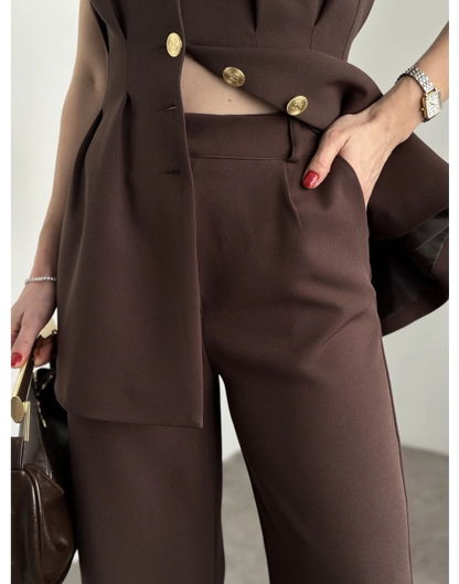 Gold Düğmeli Belden Oturtmalı Takım - Kahve