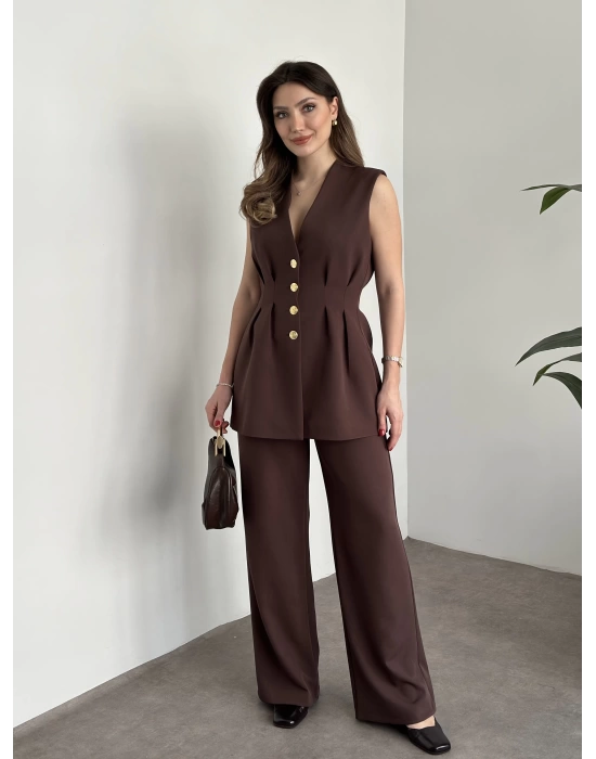 Gold Düğmeli Belden Oturtmalı Takım - Kahve