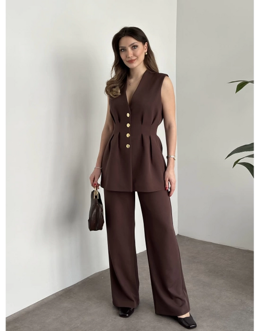 Gold Düğmeli Belden Oturtmalı Takım - Kahve