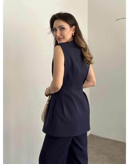 Gold Düğmeli Belden Oturtmalı Takım - Lacivert