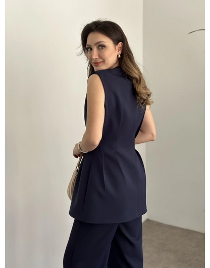 Gold Düğmeli Belden Oturtmalı Takım - Lacivert