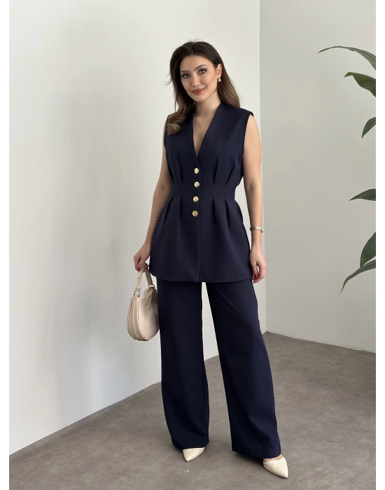 Gold Düğmeli Belden Oturtmalı Takım - Lacivert