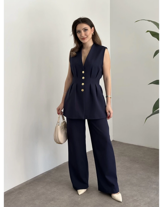 Gold Düğmeli Belden Oturtmalı Takım - Lacivert