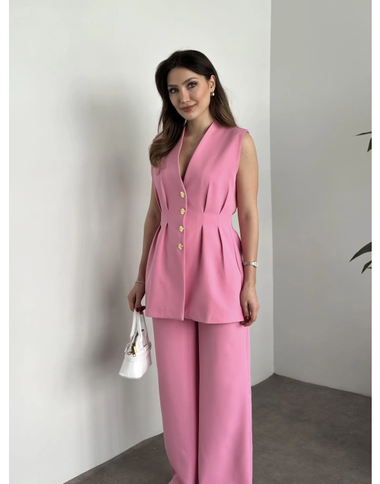 Gold Düğmeli Belden Oturtmalı Takım - Pembe