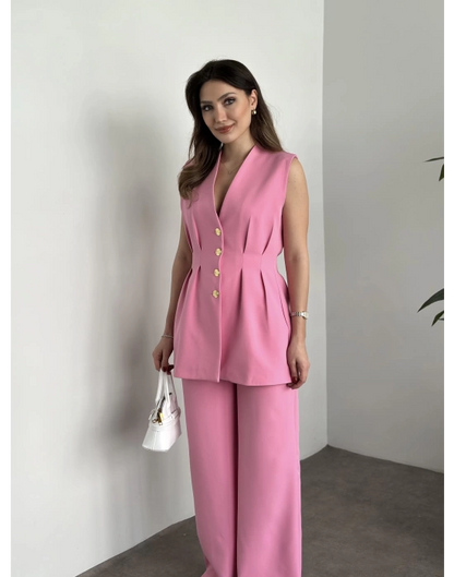 Gold Düğmeli Belden Oturtmalı Takım - Pembe