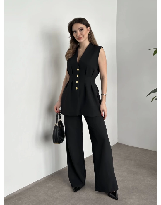 Gold Düğmeli Belden Oturtmalı Takım - Siyah