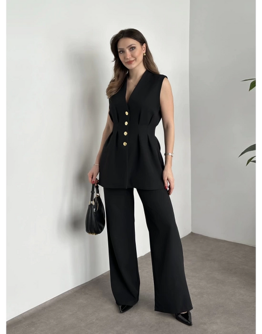 Gold Düğmeli Belden Oturtmalı Takım - Siyah