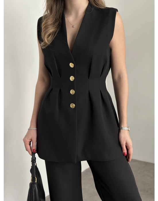 Gold Düğmeli Belden Oturtmalı Takım - Siyah