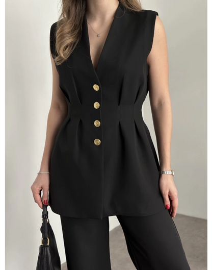 Gold Düğmeli Belden Oturtmalı Takım - Siyah