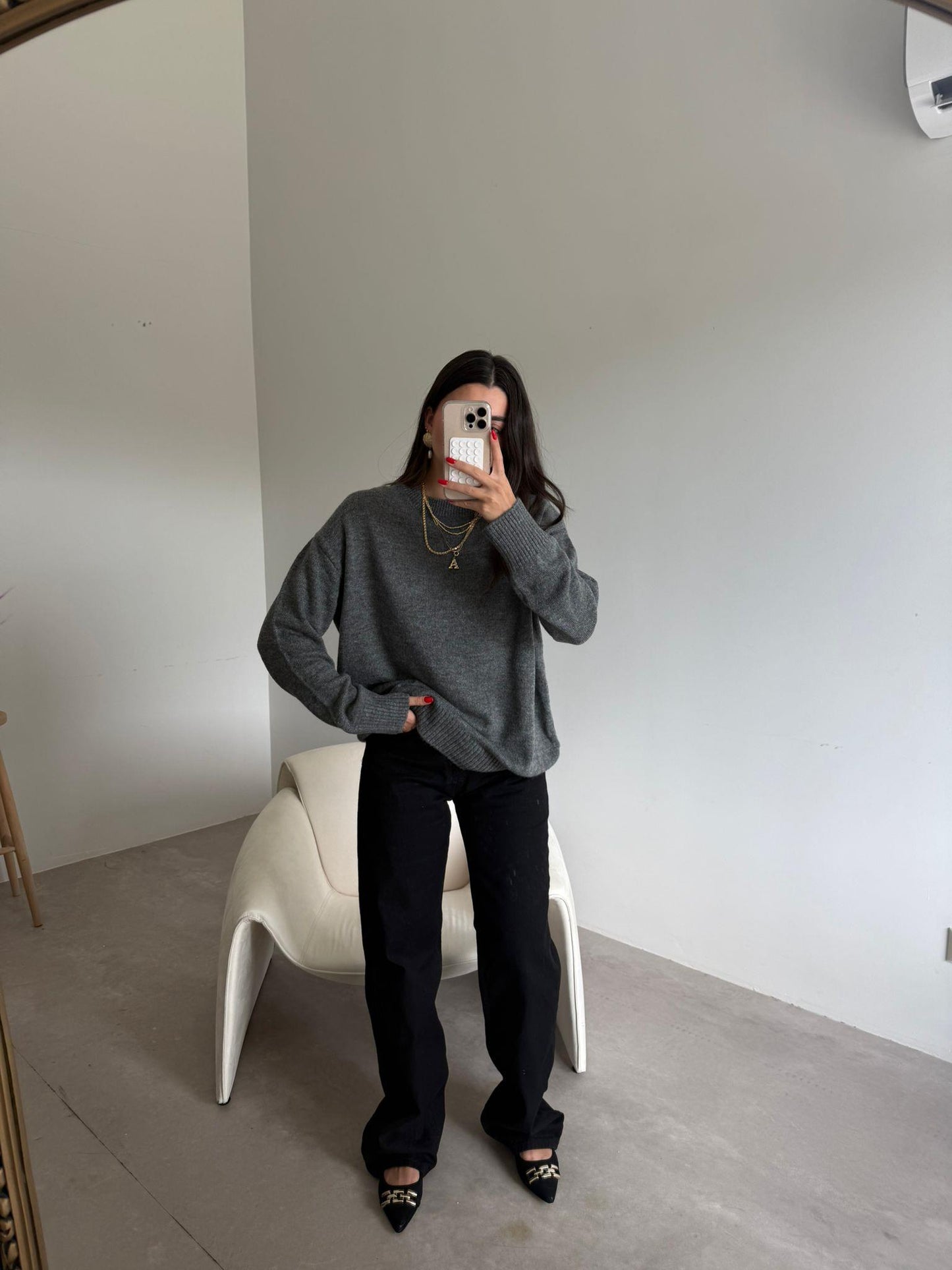 Bisiklet Yaka Oversize Kazak - Gri