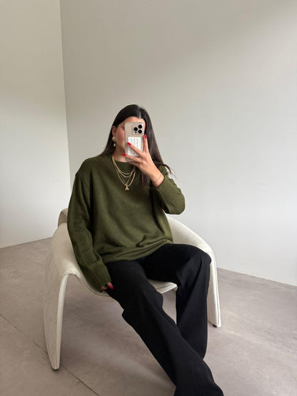 Bisiklet Yaka Oversize Kazak - Haki