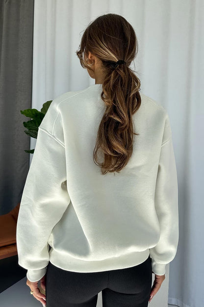 İçi Şardonlu Bisiklet Yaka Sweatshirt - Beyaz