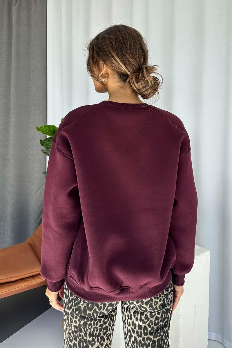 İçi Şardonlu Bisiklet Yaka Sweatshirt - Mürdüm