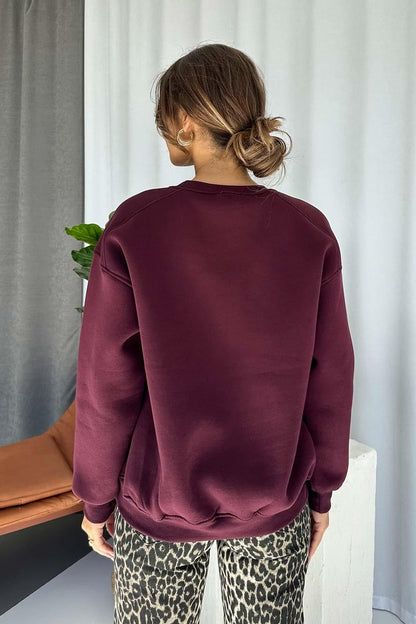 İçi Şardonlu Bisiklet Yaka Sweatshirt - Mürdüm