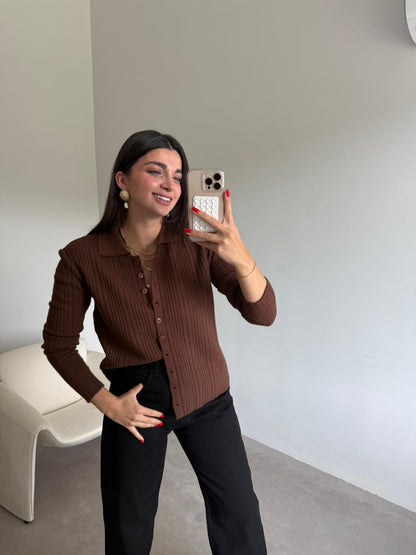 Polo Yaka Triko Hırka - Kahve