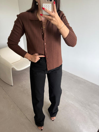 Polo Yaka Triko Hırka - Kahve