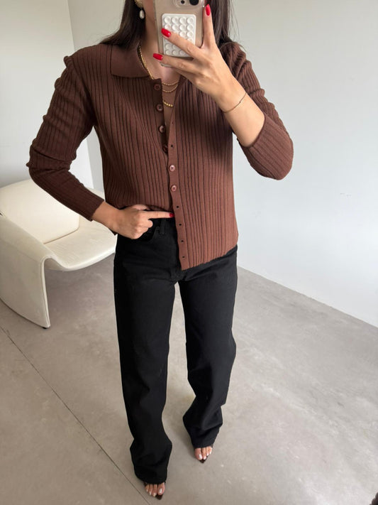 Polo Yaka Triko Hırka - Kahve