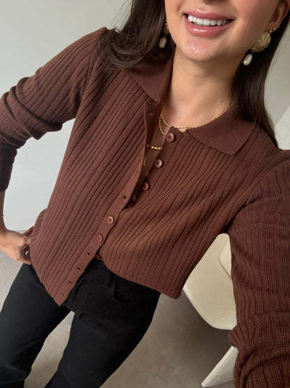 Polo Yaka Triko Hırka - Kahve