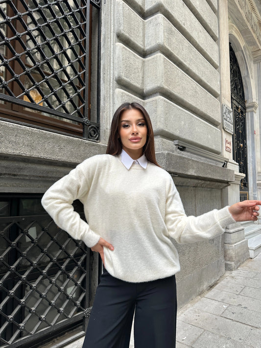 Oversize Yumuşak Dokulu Kazak - Beyaz