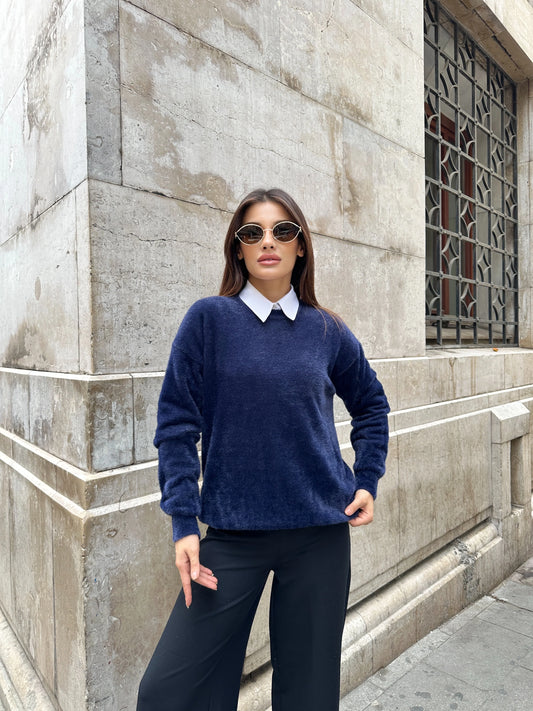 Oversize Bisiklet Yaka Yumuşak Dokulu Şardonlu Triko Kazak - Lacivert