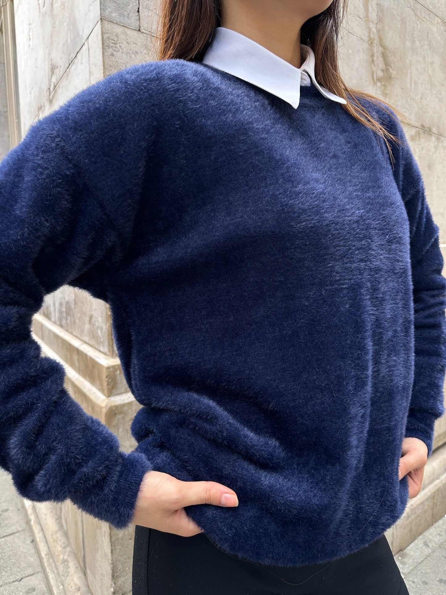 Oversize Bisiklet Yaka Yumuşak Dokulu Şardonlu Triko Kazak - Lacivert