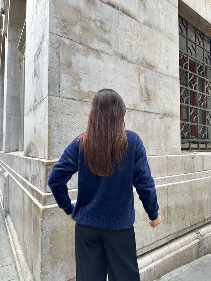 Oversize Bisiklet Yaka Yumuşak Dokulu Şardonlu Triko Kazak - Lacivert