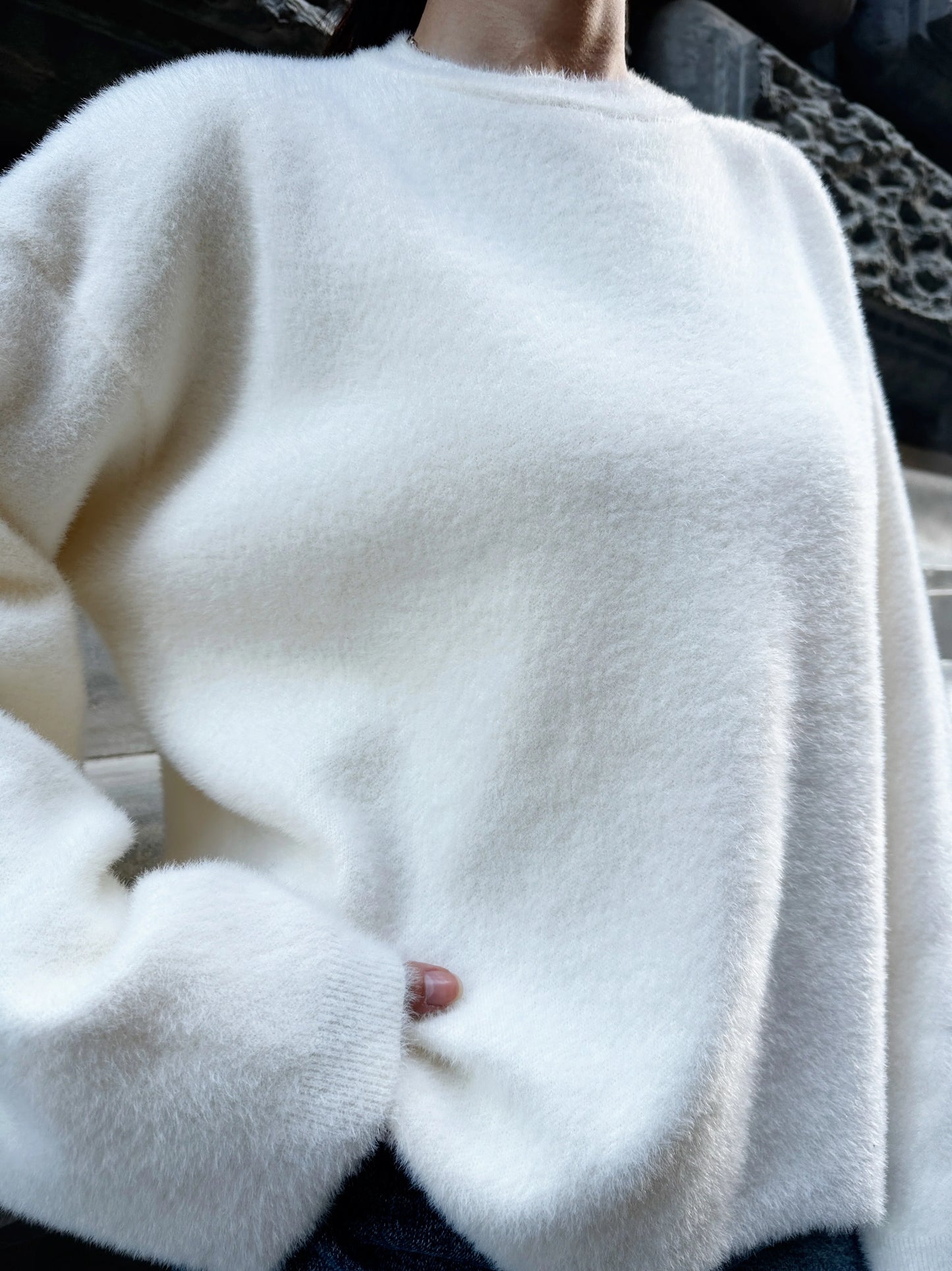 Oversize Bisiklet Yaka Yumuşak Dokulu Şardonlu Triko Kazak - Beyaz