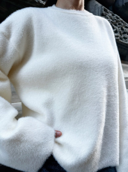 Oversize Bisiklet Yaka Yumuşak Dokulu Şardonlu Triko Kazak - Beyaz