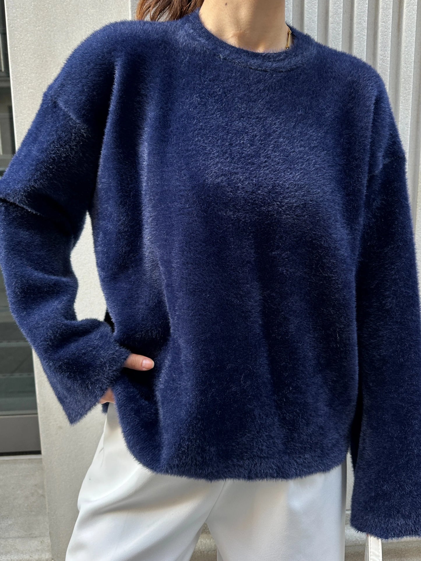 Oversize Yumuşak Dokulu Sakallı Triko Kazak - Lacivert