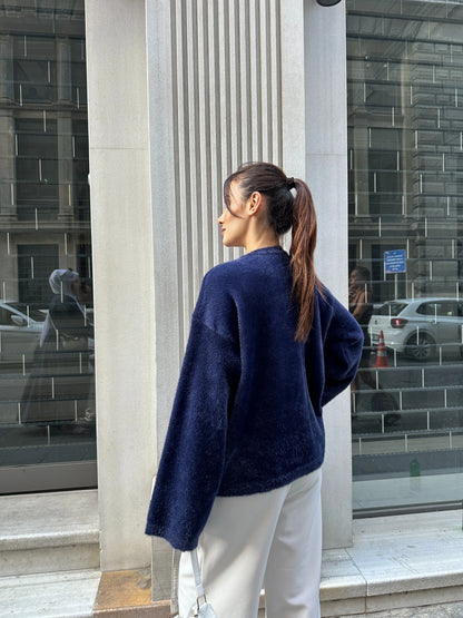 Oversize Yumuşak Dokulu Sakallı Triko Kazak - Lacivert