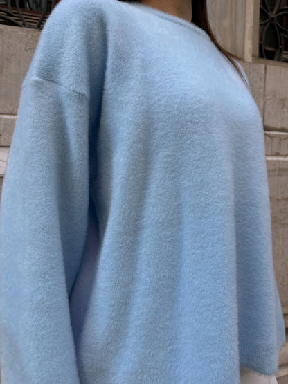 Oversize Bisiklet Yaka Yumuşak Dokulu Triko Kazak - Mavi