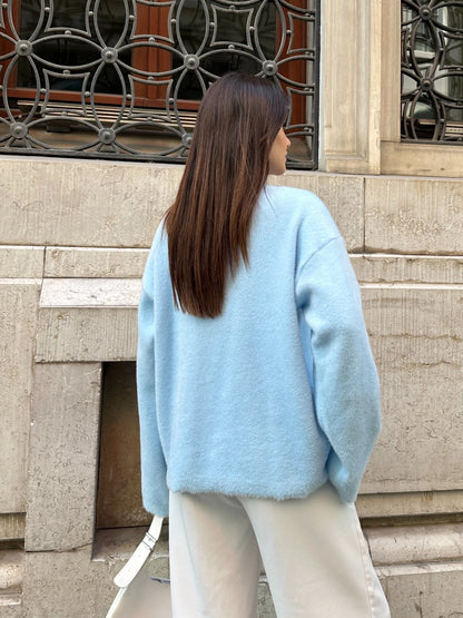 Oversize Bisiklet Yaka Yumuşak Dokulu Triko Kazak - Mavi