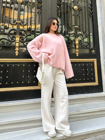 Oversize Bisiklet Yaka Yumuşak Dokulu Triko Kazak - Pembe