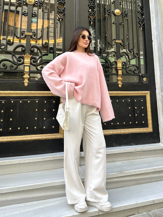 Oversize Bisiklet Yaka Yumuşak Dokulu Triko Kazak - Pembe